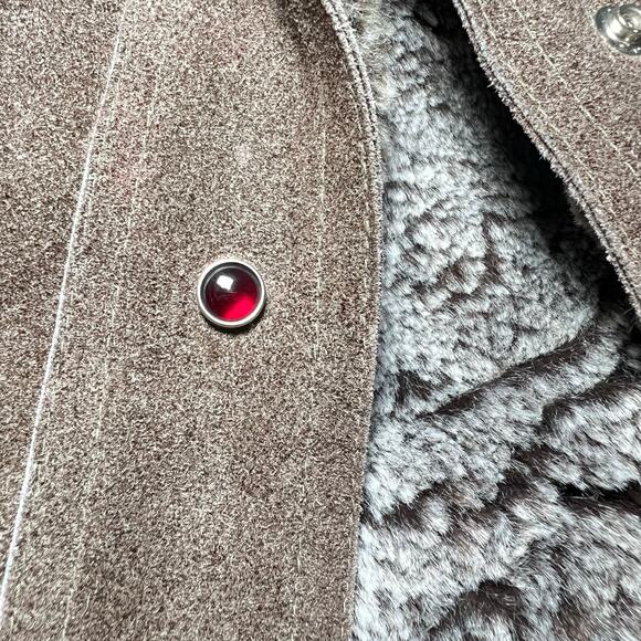 Vintage 70s Size Medium Brown Suede Snap Front Jacket Faux Fur Lining Grunge - Picture 9 of 13